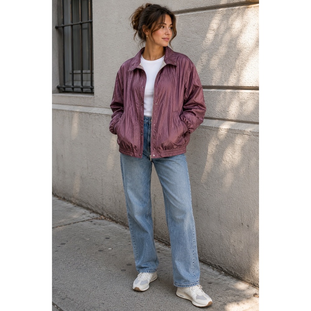 Vintage Metallic Mauve Nylon Windbreaker Jacket Snap Front Lined Purple M